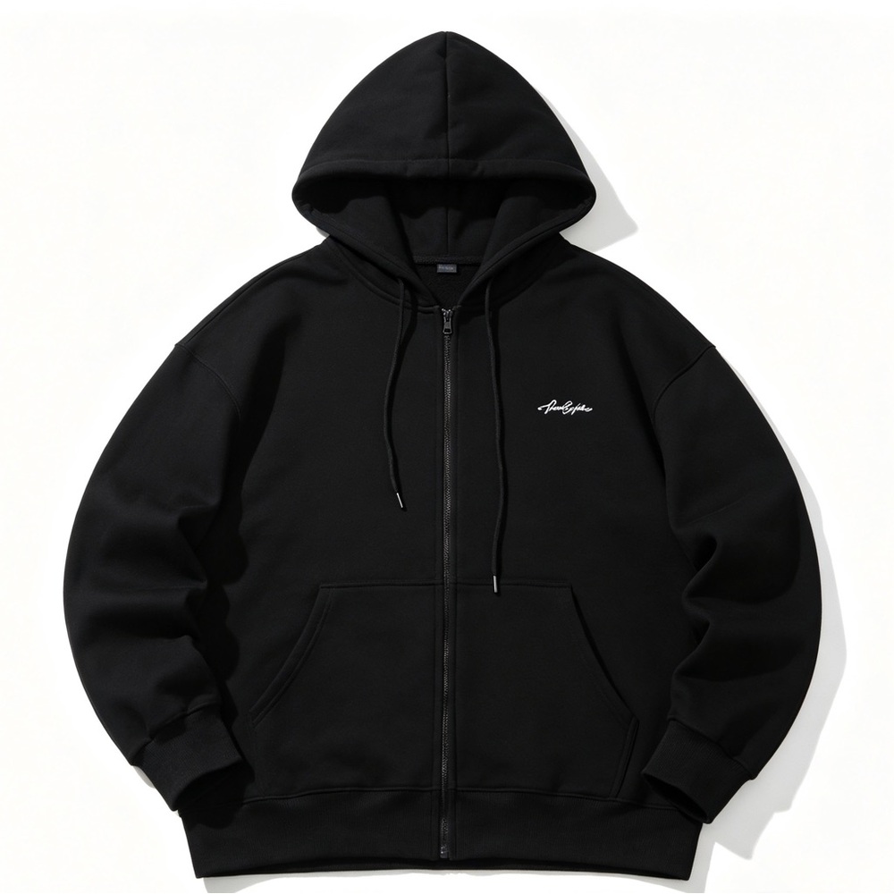 Men's Black Full-Zip Hooded Sweater with Subtle Script Logo
